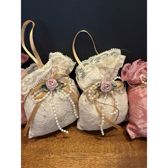 4 Miniature Pearl & Rose Lace Bags Ornaments Pink Cream Victorian Decor Set - Picture 3 of 7